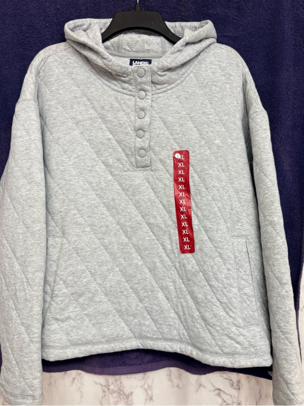 Lands' End Light Gray Quilted Hoodie with Snap Henley